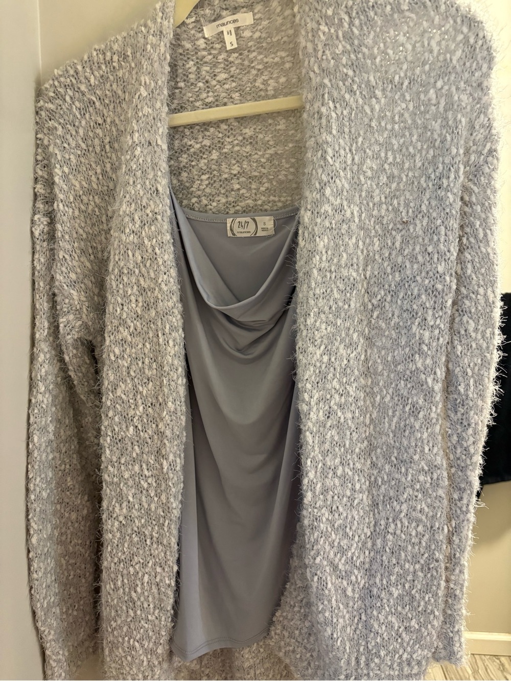 Maurices Gray Fuzzy Open Cardigan & 24/7 Drape Neck Tank Set Size S - Picture 2 of 4